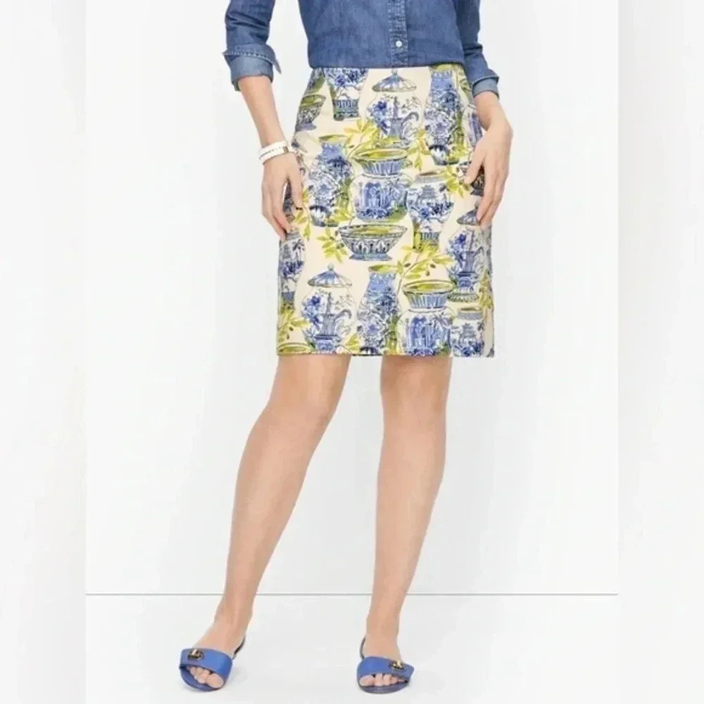 Talbots Cotton Canvas A-Line Skirt Art To Wear Watercolor Vases Size 6 Small